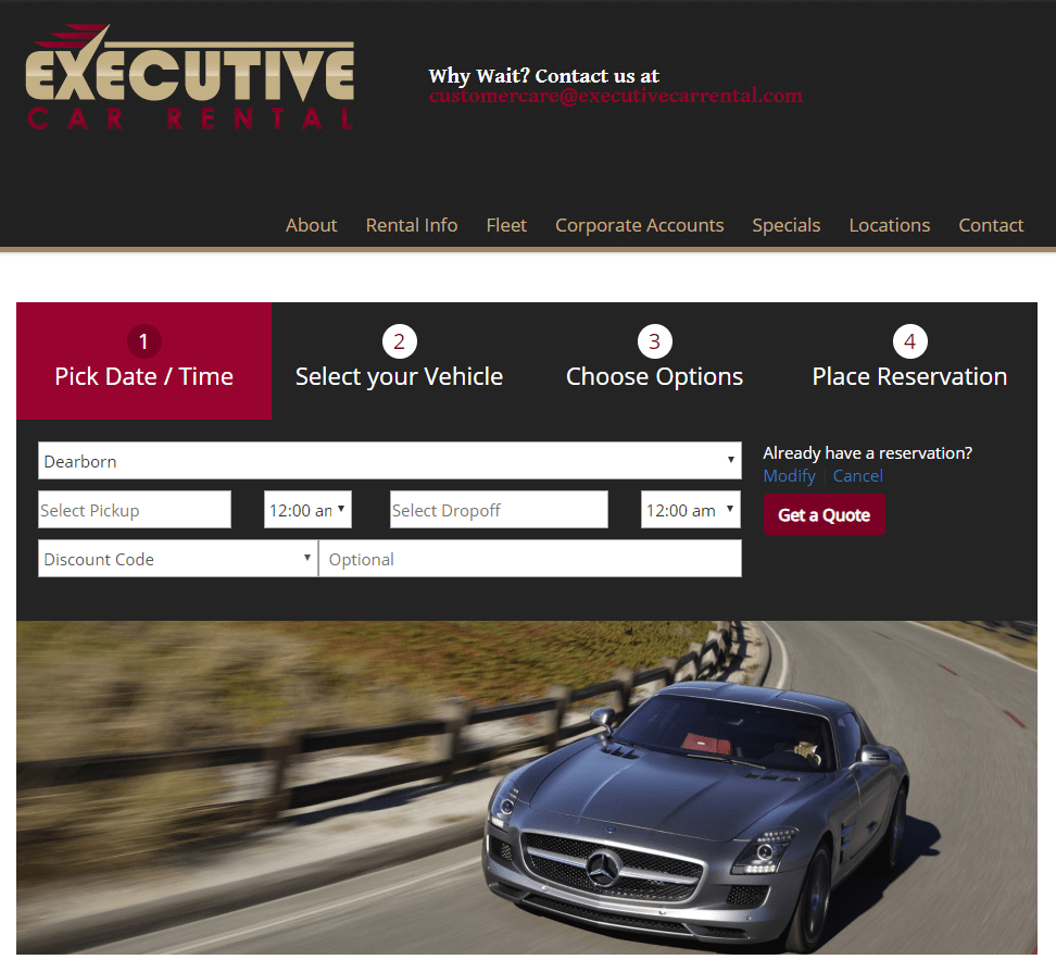 Home page of Executive Car Rental website