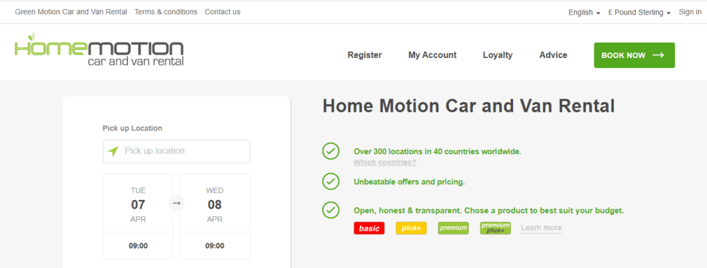 Landing Page on website Home Motion Car and Van Rental