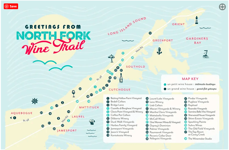 Map of the North Fork Wine Trail in Long Island