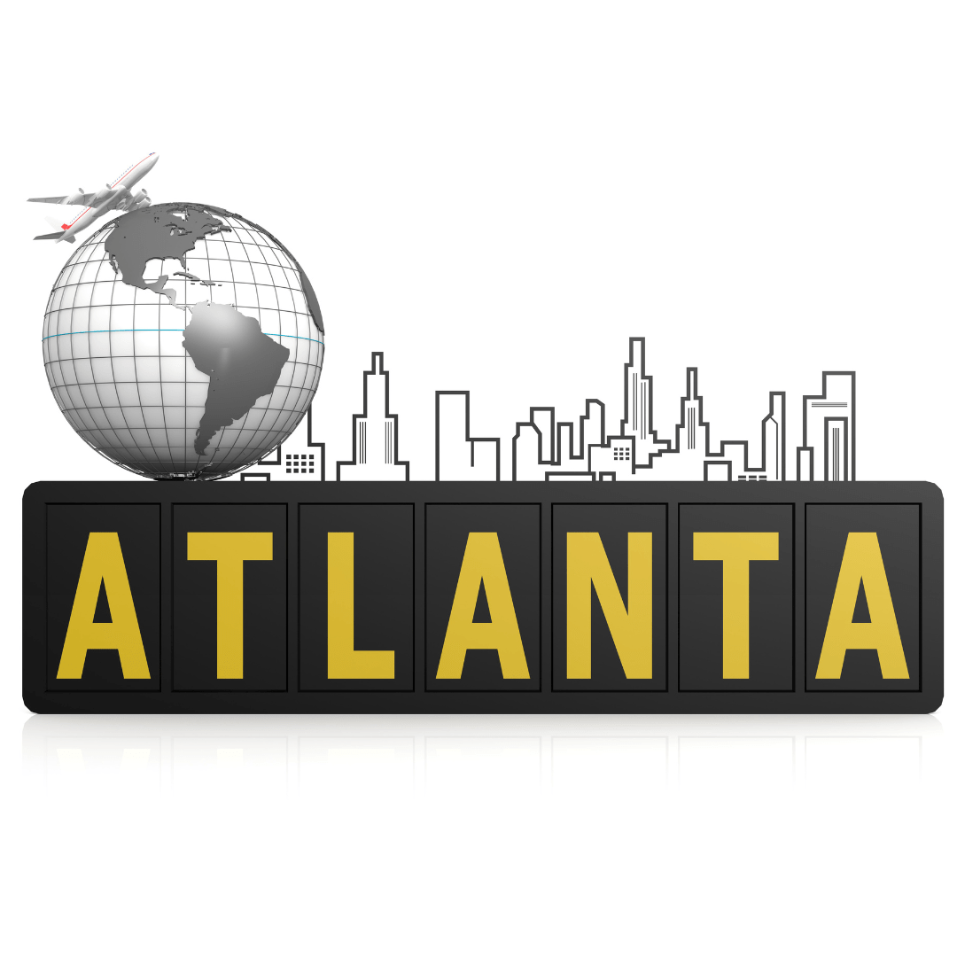 a sign that says atlanta with icons representing the city and air travel