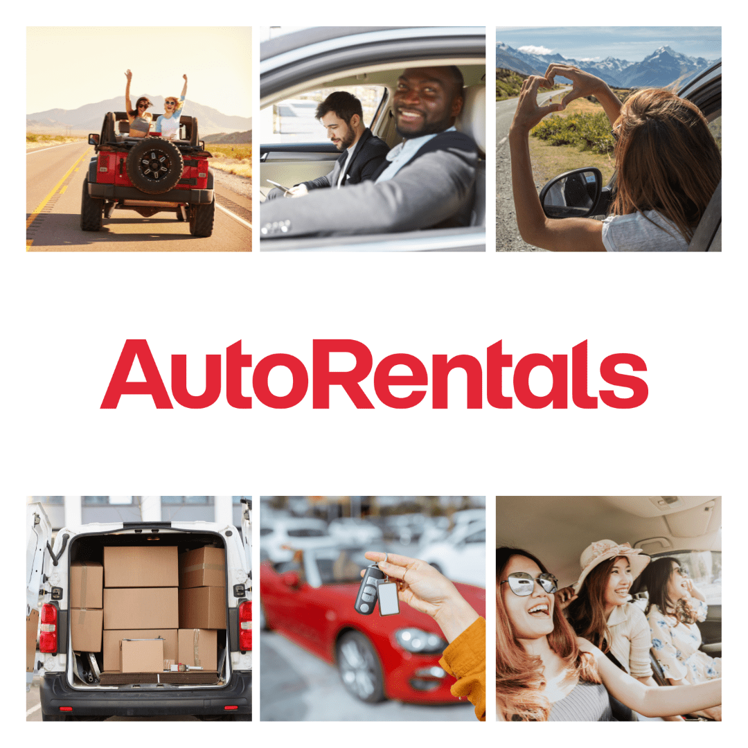 Six different images of people using rental vehicles for things like road trips, travel, business, moving and more. The Autorentals company logo is in the middle