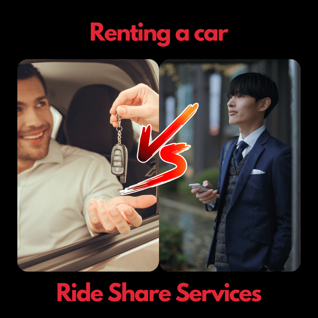 image of a person in a rental car and a person waiting for a ride service with a 'versus' in the middle