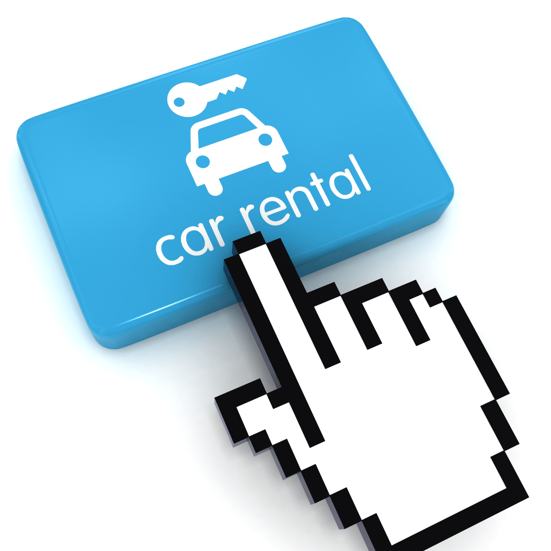 computer cursor hovering over a blue button that says car rental