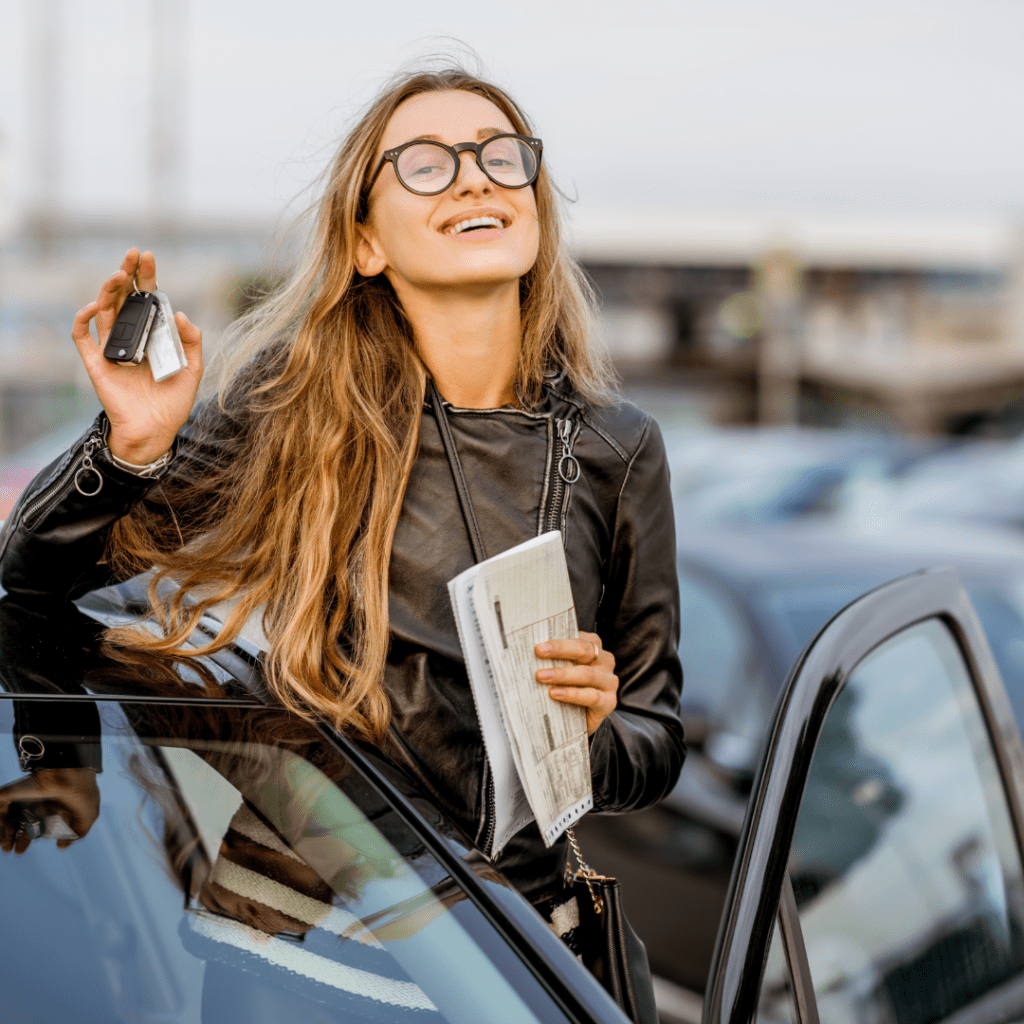 image of a woman holding a rental car key and smiling as she is not having to pay hidden ride share fees