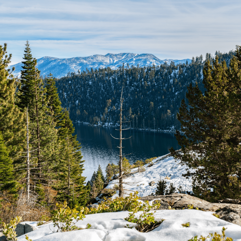 Lake Tahoe in winter representing the top winter road trip destinations