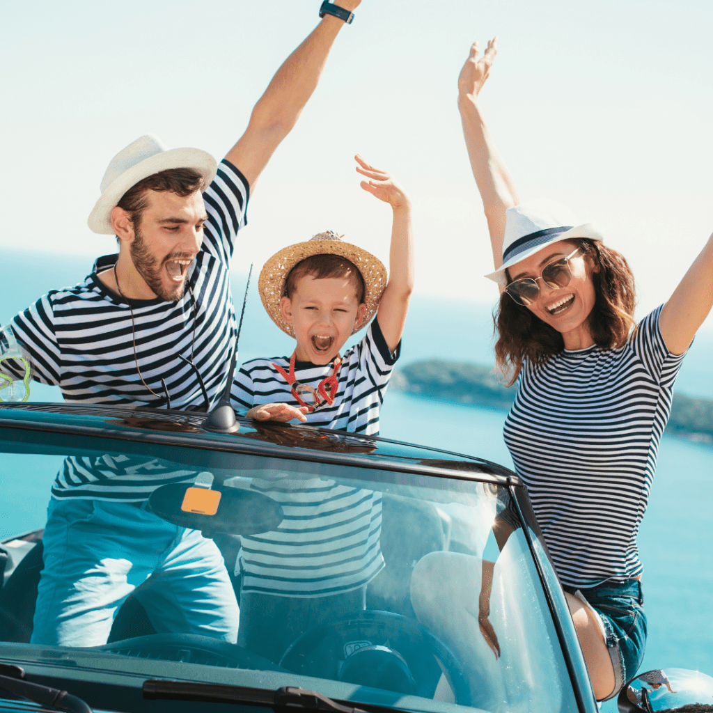 European family in a car representing renting a car in the U.S.